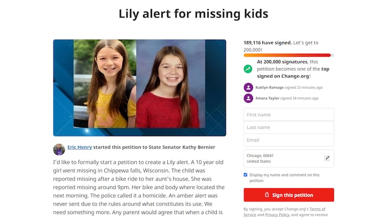 A Chippewa Falls man started a petition for another type of alert for missing children