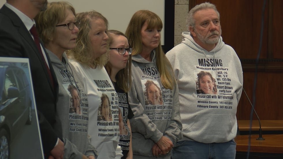Family of Madeline Kingsbury at missing person press conference in April 2023.