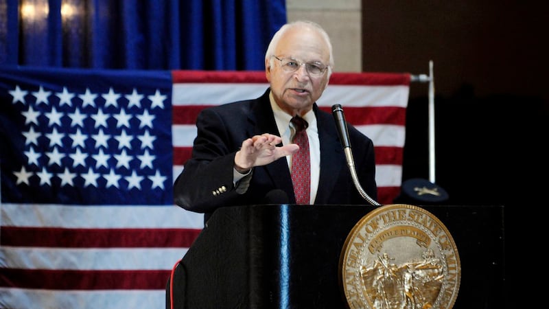 FILE - A U.S. flag with 32 starts is displayed behind former Minnesota Gov. Al Quie as he...
