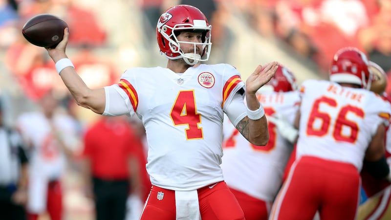 FILE -Kansas City Chiefs quarterback Chad Henne (4) passes against the San Francisco 49ers =1...