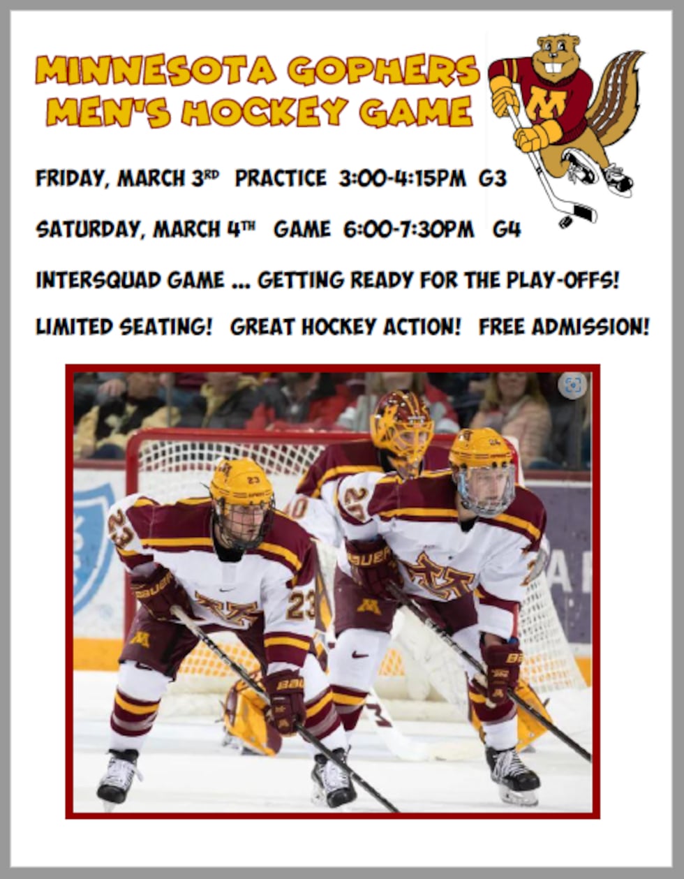 Gophers men’s hockey team coming to play in Rochester