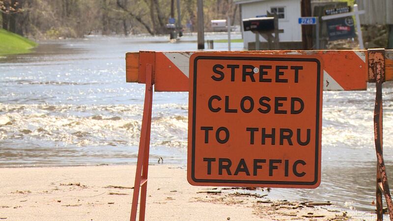 Street closure sign in The Town of Shelby, WI where major flooding from the Mississippi River...