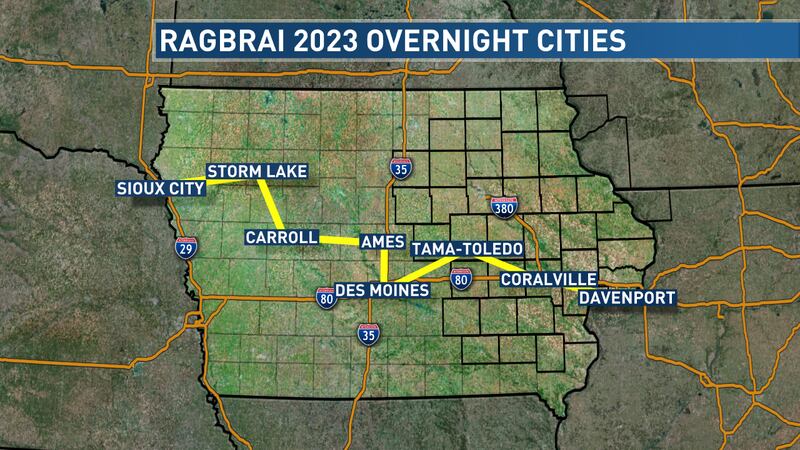 The cities that have been chosen as overnight locations for RAGBRAI 2023.